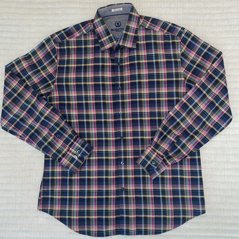 Bugatchi Uomo Shaped Fit Men's XL Windowpane Flannel Long Sleeve Button Up Shirt